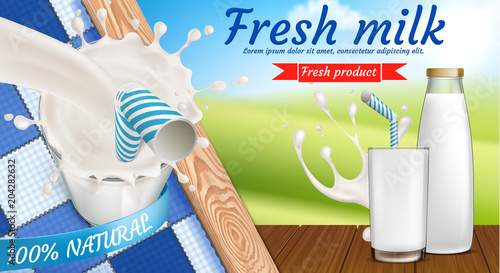 Vector colorful banner with milk bottle and full glass of fresh dairy drink with drinking straw in it. Advertising poster of natural farm products with calcium for morning breakfast, healthy eating