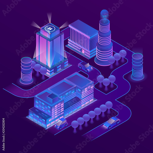 Vector 3d isometric megapolis, city in violet colors. Collection of houses, skyscrapers, buildings with ultraviolet lighting. Streets with traffic - cars, automobiles