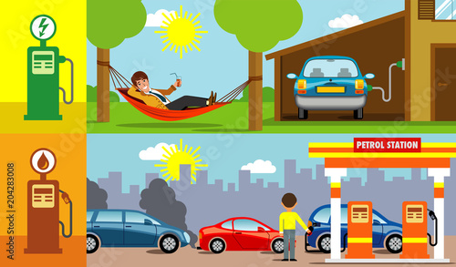 symbolic vector illustration showing the comfort of being able to recharge the electric car at home, instead of queuing at the gas station with the petrol car