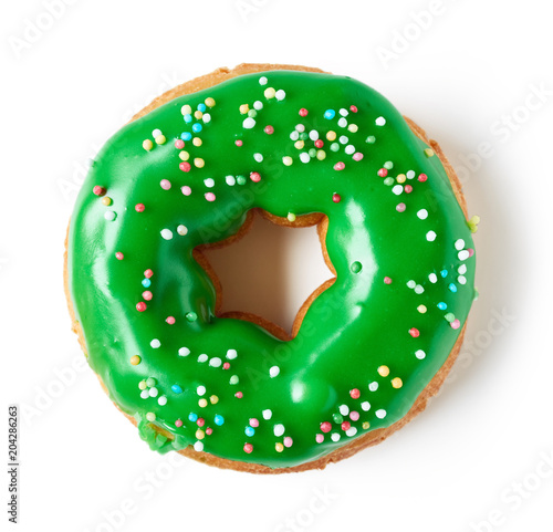 Green donut isolated on white, from above