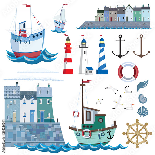 Sea set with flat icons and vector illustration. Pier with houses, lighthouses, ships, gulls, anchor, shells