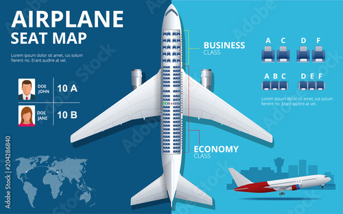 Chart airplane seat, plan, of aircraft passenger. Aircraft seats plan top view. Business and economy classes airplane indoor information map. Vector illustration of Plane on ultraviolet background