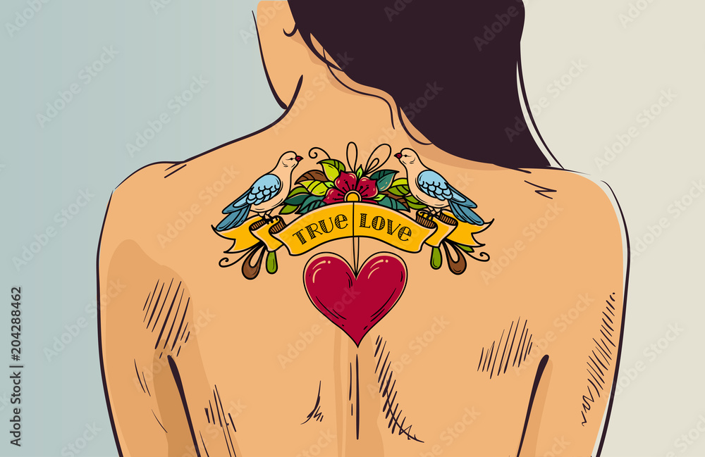 Girl with romantic tattoo. Woman turned with her back. Tattoo with heart  and dove on nude back. Old school style Stock Vector | Adobe Stock