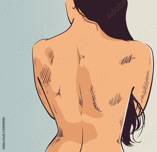 Girl with long hair turned with her back. Female body. Nude female back