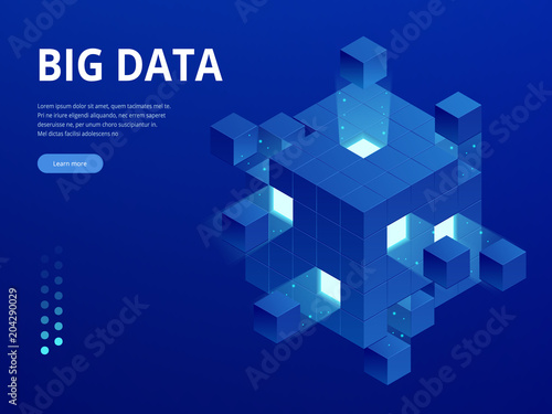 Isometric Digital Technology Web Banner. BIG DATA Machine Learning Algorithms. Analysis and Information. Big Data Access Storage Distribution Information Management and Analysis.