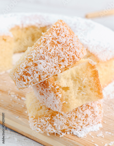 homemade sponge cake on wooden board