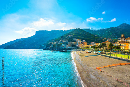 Minori town in Amalfi coast, beach view. Italy