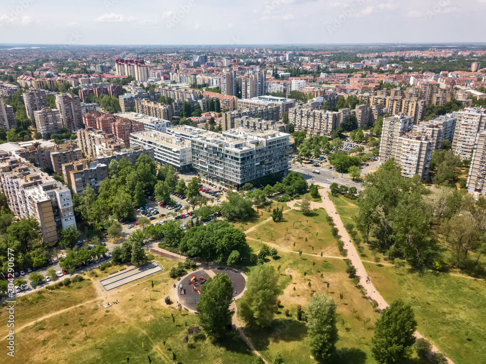 Novi Sad, Serbia May 09, 2018: Beautiful drone shot of Liman Park and Novi Sad, Serbia. Panoramic view of the Novi Sad. Novi Sad from the air.