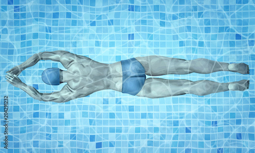 Healthy lifestyle. Fit swimmer training in the swimming pool. Professional male swimmer inside swimming pool. Texture of water surface. Pool water. Overhead view. Vector illustration background.