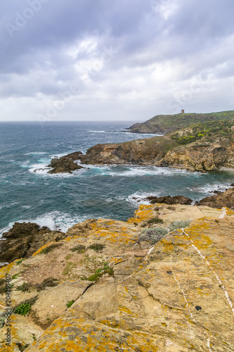 Large view on the sardinian coast with Torre dei Corsari in the background