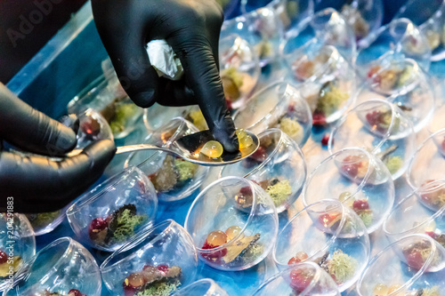 Fototapeta Naklejka Na Ścianę i Meble -  Molecular gastronomy, a chef decorates a dish of caviar