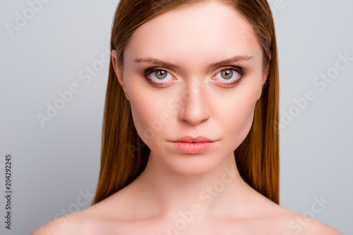 Correction cheekbones cream ideal dermatology hygiene wrinkles fillers lips plump concept. Close up portrait of serious tender gentle beautiful attractive gorgeous woman isolated on gray background