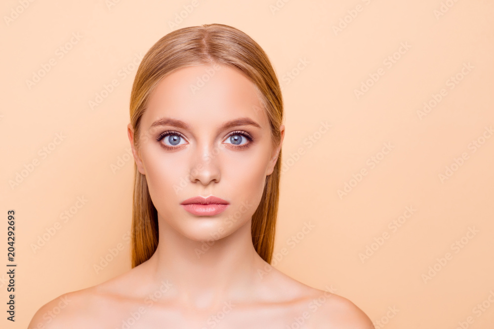 Portrait of pretty, charming, attractive, cute, calm, gorgeous girl with problem oil dry face skin, plump lips, isolated on beige background, hygiene, correction, nutrition, rejuvenation concept Portrait of pretty, charming, attractive, cute, calm, gorgeous girl with problem oil dry face skin, plump lips, isolated on beige background, hygiene, correction, nutrition, rejuvenation concept