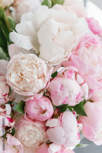 Fototapeta Naklejka Na Ścianę i Meble -  Lovely flowers in glass vase. Beautiful bouquet of white and pink peonies . Floral composition, daylight. Summer wallpaper. Pastel colors