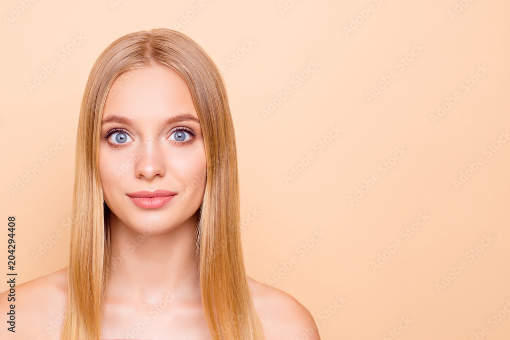 Portrait with copy space empty place of attractive cute charming model with perfect skin isolated on beige background, advertisement concept, using peeling, vitamins, detox, collagen, botox effect Portrait with copy space empty place of attractive cute charming model with perfect skin isolated on beige background, advertisement concept, using peeling, vitamins, detox, collagen, botox effect