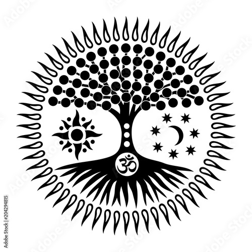 Mandala with the tree of life and the sign of Aum /om/ohm. Mystical and Spiritual symbol. The sun, the moon and the universe. Black and white graphics. Vector