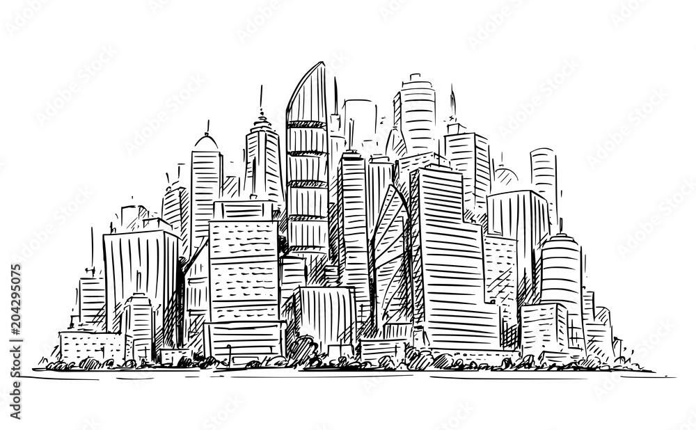 Vector artistic sketchy pen and ink drawing illustration of generic city high rise cityscape landscape with skyscraper buildings.