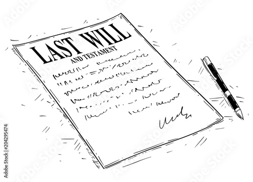 Vector artistic ink drawing illustration of pen and last will and testament document to sign.