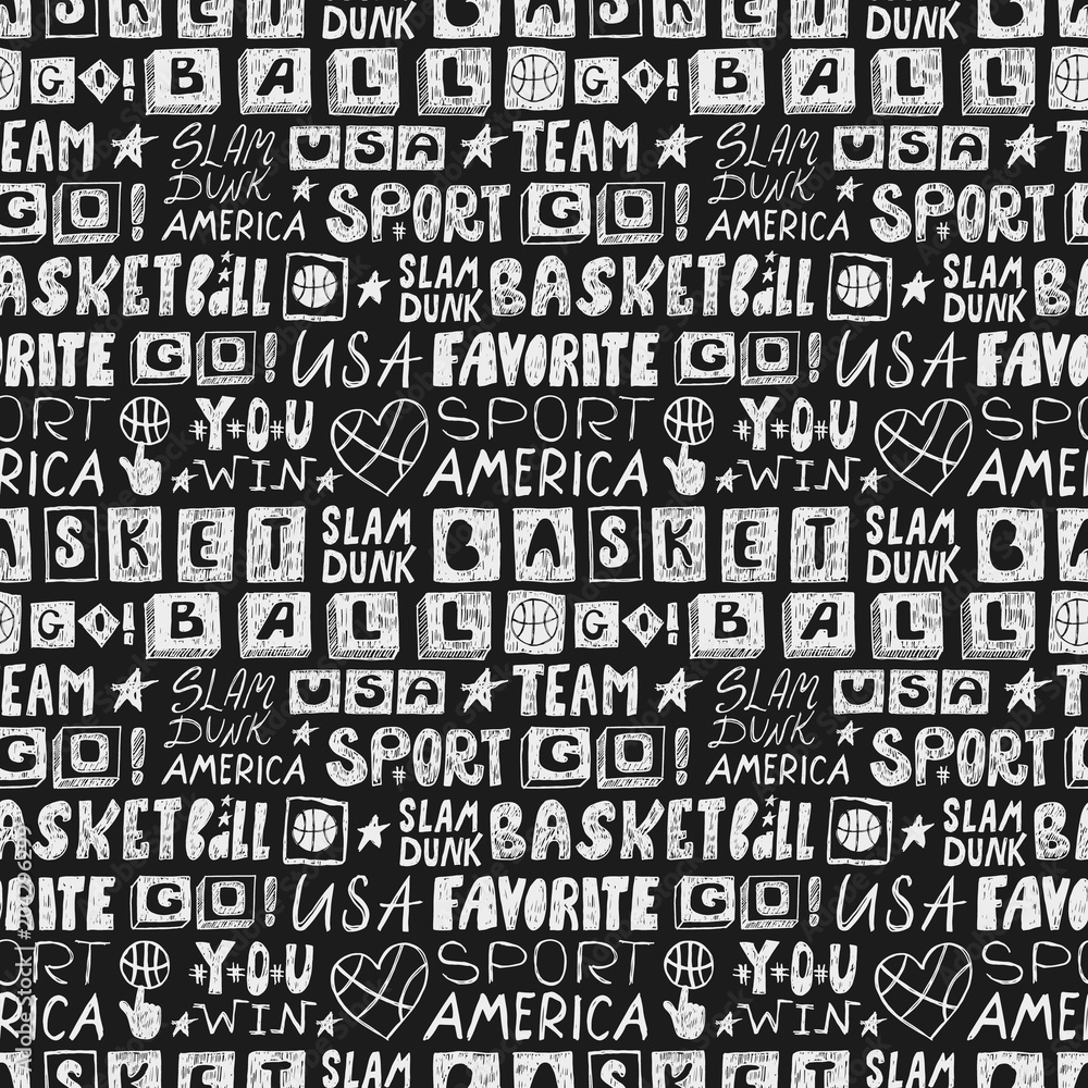 Fototapeta premium Vector sketch basketball seamless pattern for America. The handwritten short phrases, retro, grunge, hand-drawing lettering, favorite sport, america, usa, go, you win, slam dunk, team, black, white.