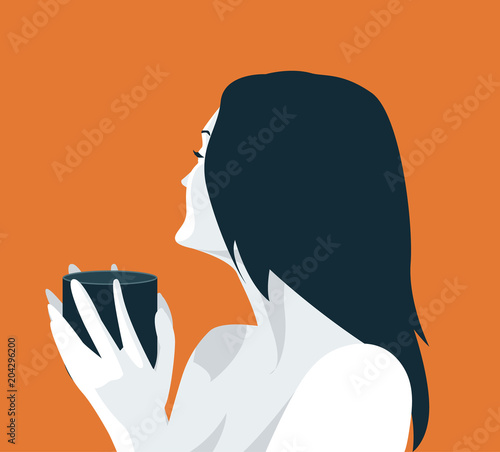 Portrait Of Beautiful Woman Holding Cup With Hot Beverage Vector Illustration