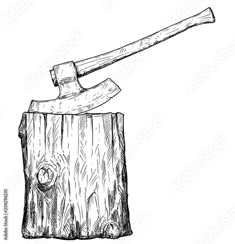 Vector artistic pen and ink drawing illustration of medieval executioner axe or ax and execution block.