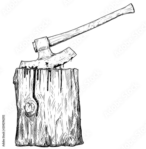 Vector artistic pen and ink drawing illustration of medieval executioner axe or ax and execution block.