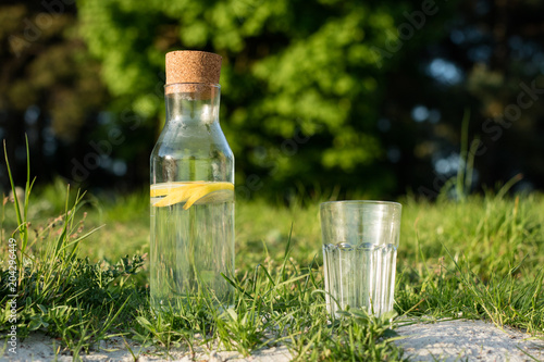 A bottle of water with lemon and a glass. Drink set in the grass by the lake