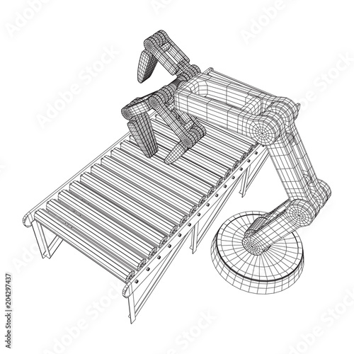 Robotic arm manufacture technology industry assembly mechanic hand and regular empty roller conveyor section wireframe low poly mesh vector illustration