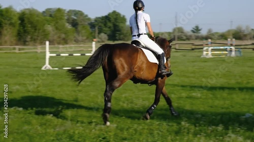 A woman jockey jumps over the barriers on a horse in a jumping competition.