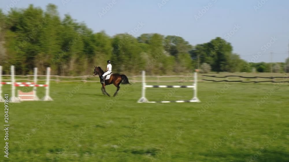 A woman jockey jumps over the barriers on a horse in a jumping competition. A woman jockey jumps over the barriers on a horse in a jumping competition.
