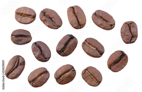 Close up fresh roasted coffee beans isolated on white background.