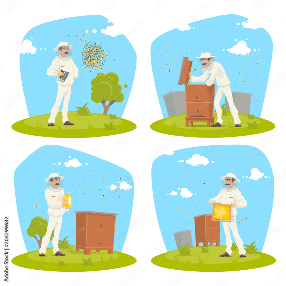 Fototapeta premium Beekeeping apiary and beekeeper vector design