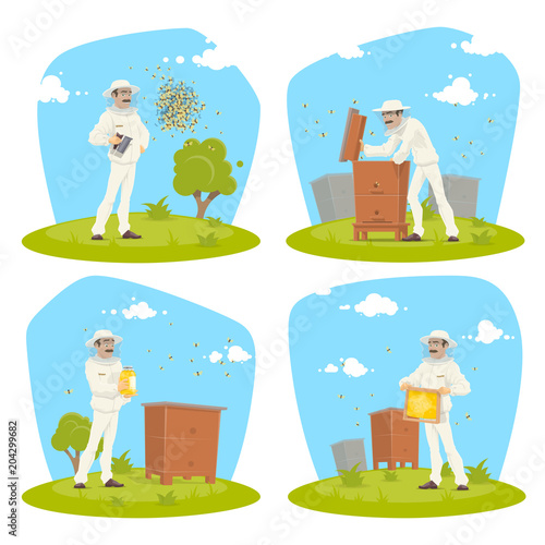 Beekeeping apiary and beekeeper vector design