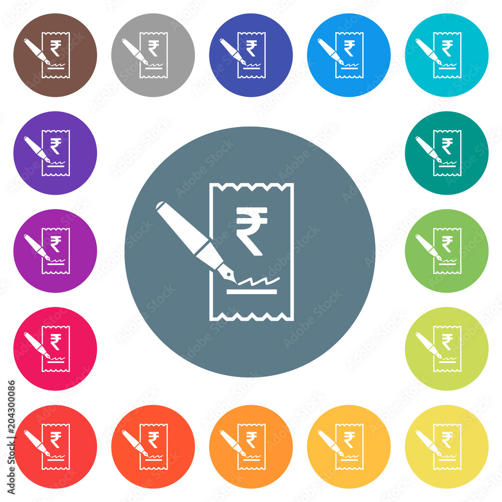 Signing Rupee cheque flat white icons on round color backgrounds Signing Rupee cheque flat white icons on round color backgrounds