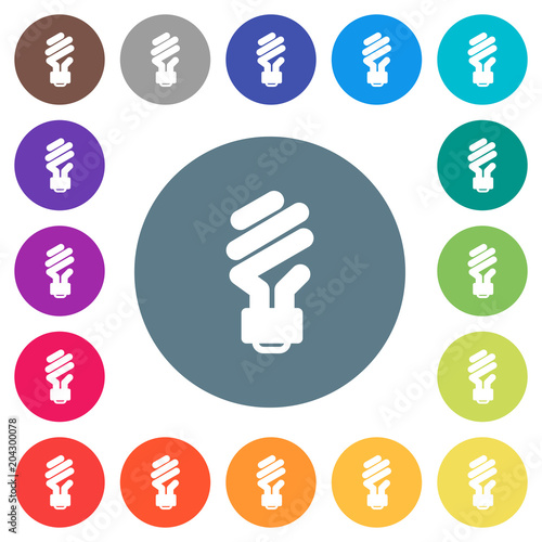 Energy saving fluorescent light bulb flat white icons on round color backgrounds