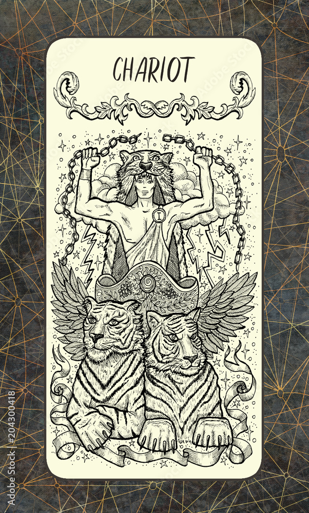 Chariot. The Magic Gate tarot deck card. Fantasy engraved illustration with occult mysterious symbols and esoteric concept, vintage background