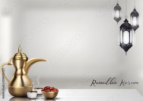 Ramadan Kareem background. Iftar party celebration with traditional arabic dishes and islamic lantern