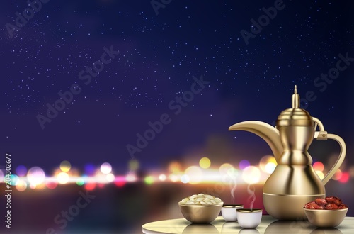 Ramadan Kareem Iftar party celebration. Traditional teapot with bowl, cups and dates on dinner table