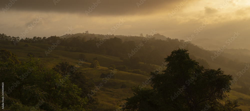 View of the Maleny mountains hinterlands, Sunshine Coast in the late afternoon.