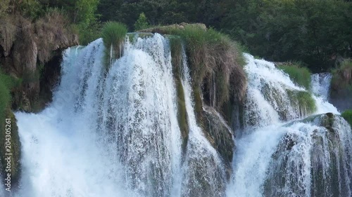 Close-up View of Waterfalls Cascade at Plitvice Lakes National Park, Croatia. 4K Video Clip photo