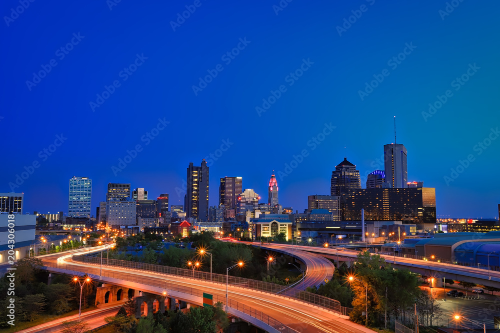 Looking south at the city of Columbus, Ohio skyline during sunset.