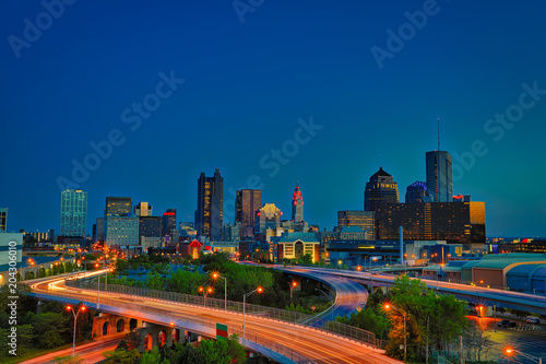 Looking south at the city of Columbus  Ohio skyline during sunset.