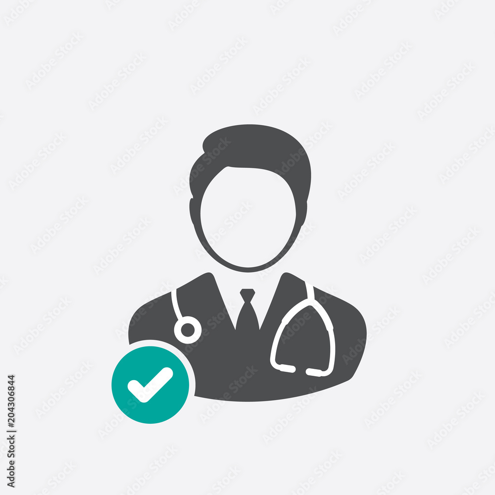 Doctor icon with check sign. Doctor icon and approved, confirm, done, tick, completed symbol Doctor icon with check sign. Doctor icon and approved, confirm, done, tick, completed symbol