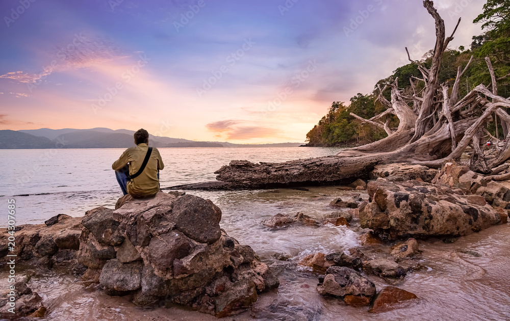 Tourist enjoy beach sunset with scenic landscape view at Chidiya Tapu Port Blair Andaman, India