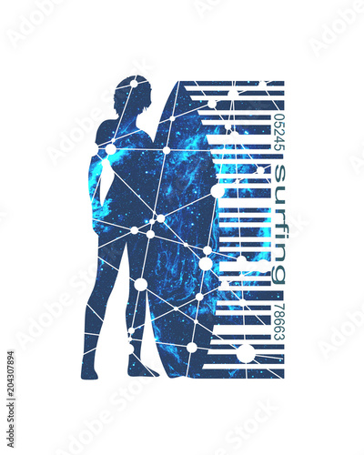 Fototapeta Naklejka Na Ścianę i Meble -  Woman posing with surfboard. Surfing emblem for web design or print. Bar code connected with silhouette textured by lines and dots pattern. Elements of this image furnished by NASA.