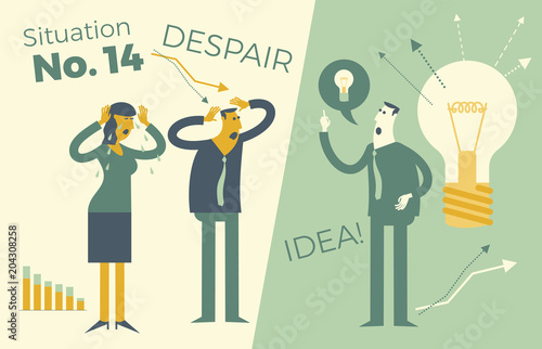 Business infographics, business situations. A man and a woman holding onto a head, a problem, a failure, a crisis at work. But there is a solution, an idea. Business people.