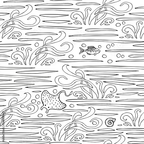 Seamless black and white simple fish background. Vector background