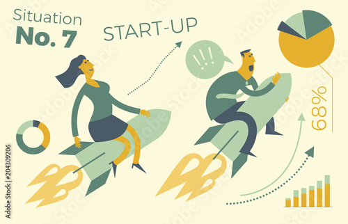 Business infographics with illustrations of business situations. A man and a woman flying a rocket up. Career growth. Sales and revenue growth. Successful people. Achievement goal, career, profession