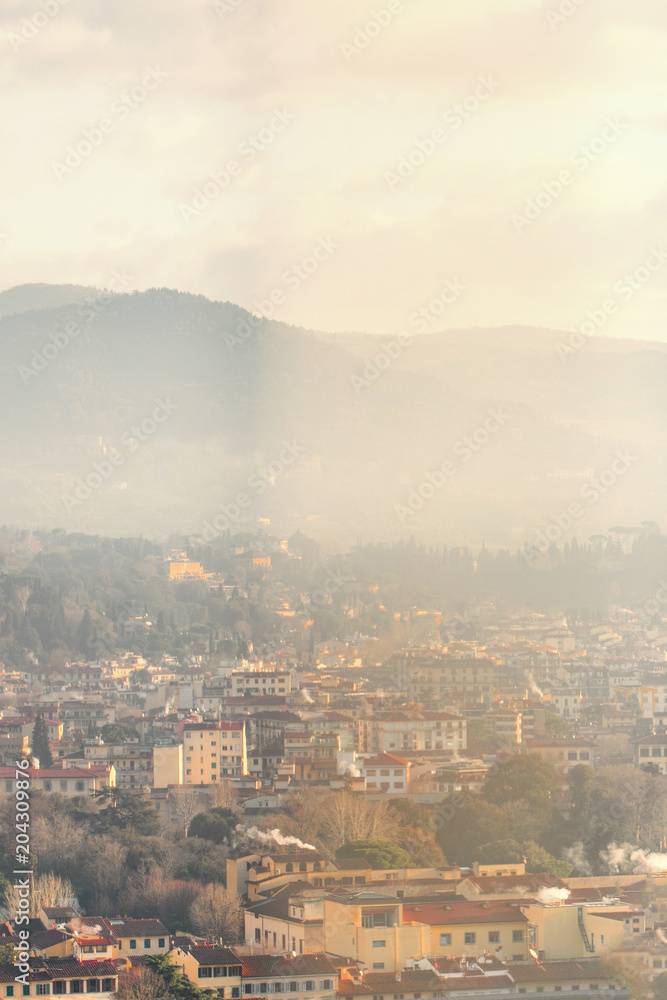 Beautiful arial view on Florence, Italy and on the dome of Santa Maria del Fiore church and old town. Top cityscape at sunny day with blue sky and clouds Beautiful arial view on Florence, Italy and on the dome of Santa Maria del Fiore church and old town. Top cityscape at sunny day with blue sky and clouds