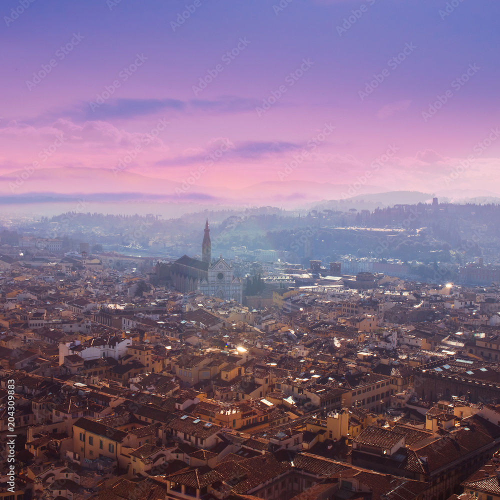 Aerial view of Florence, Tuscany, Italy. View from Cathedral Santa Maria Del Fiore. Beautiful Florence sunset skyline, .